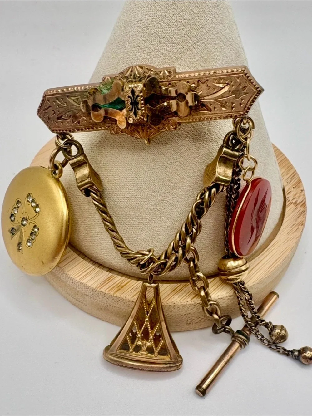 Antique Victorian 19thC Gold Chatelaine Brooch Locket Carnelian Fob Pin